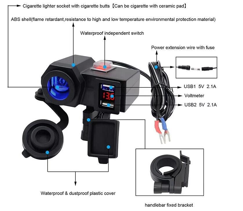 4.2A USB Charger Motorcycle with Cigarette Lighter Socket Voltmeter
